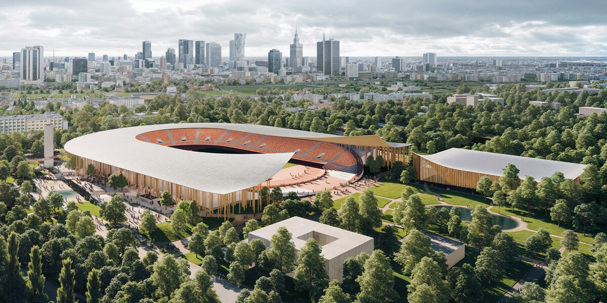 curved roof expands upwards inviting sunlight within warsaw SKRA park stadium