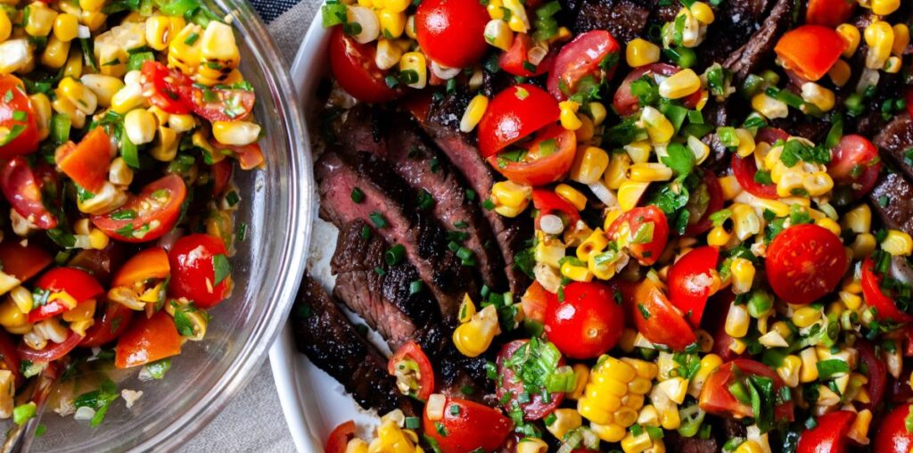 summer steak with corn and tomatoes