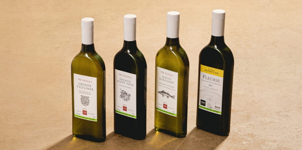 wine society recycles plastic into flat-shaped bottles for chardonnay, pinot noir and more