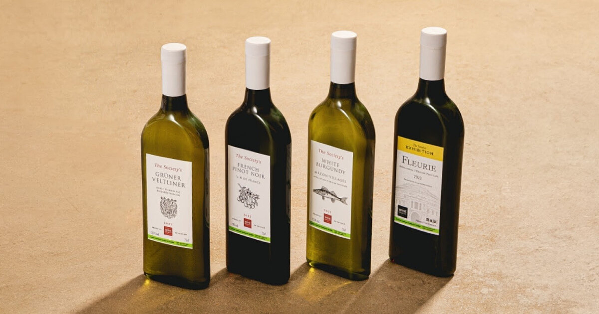 wine society recycles plastic into flat-shaped bottles for chardonnay, pinot noir and more