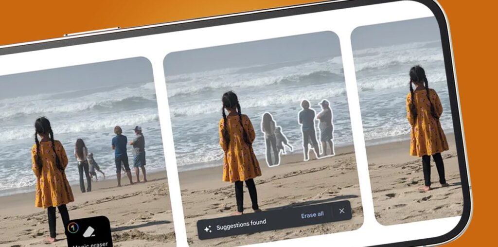 A phone screen showing a photo of a child on a beach being edited by Google's Magic Eraser feature