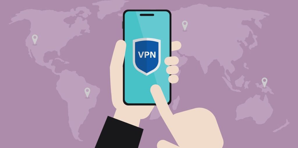 Cartoon hand holding a mobile device running a VPN, in front of a world map