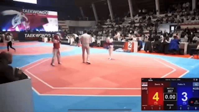 8 year old girl from Kosovo Valine Fetiu gets slapped by her coach, for losing taekwondo final against opponent from Serbia (Nina Savic 8), in a competition in Albania for 6 to 8 year olds. Coach got a 6 month suspension.