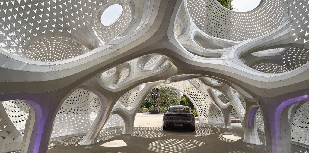 A Geometric Pavilion for Porsche Made of 6,380 Aluminum Strips