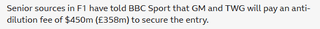 According to Andrew Benson, GM will pay a $450 million anti-dilution fee to race in 2026.