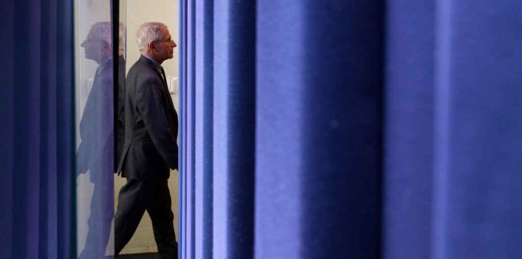 Anthony Fauci leaving after the daily briefing of the White House Coronavirus Task Force in the James Brady Briefing Room on April 10, 2020.