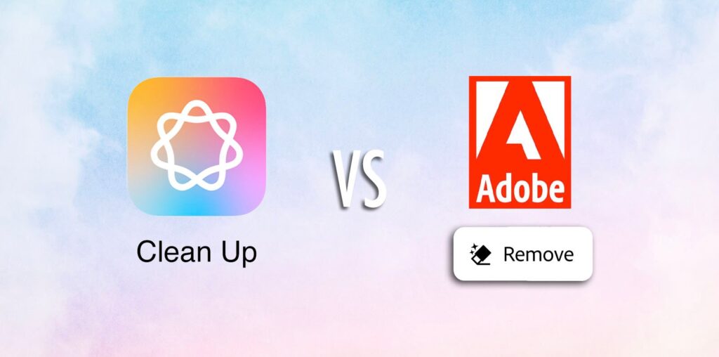 The image shows a comparison between two apps: "Clean Up," with a colorful logo on the left, and "Adobe Remove," featuring the Adobe logo on the right. Both are set against a soft, cloud-like background with "VS" in the center.