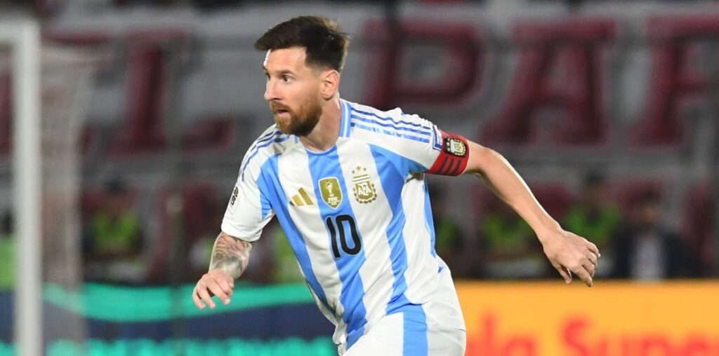 Lionel Messi of Argentina controls the ball ahead of the Argentina vs Peru South American FIFA World Cup 2026 Qualifier