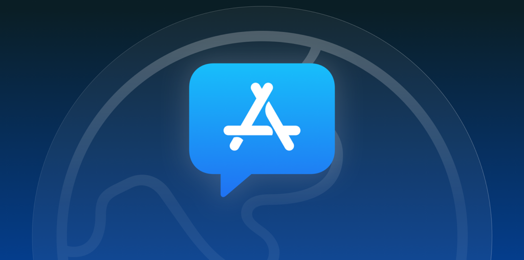 The App Store logo in speech bubble over an outline symbol of Earth.