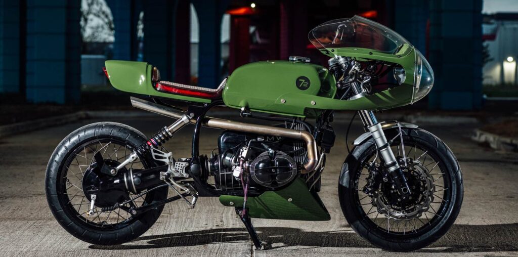 Aurora: A Porsche-green BMW R100R café racer from Texas