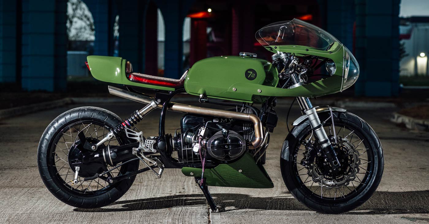 Aurora: A Porsche-green BMW R100R café racer from Texas