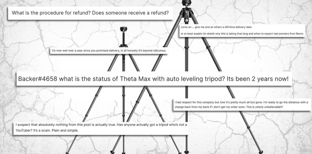 An image of four tripods on a cracked white background, overlaid with excerpts of frustrated customer comments about refunds and delivery issues concerning the Theta Max auto-leveling tripod.