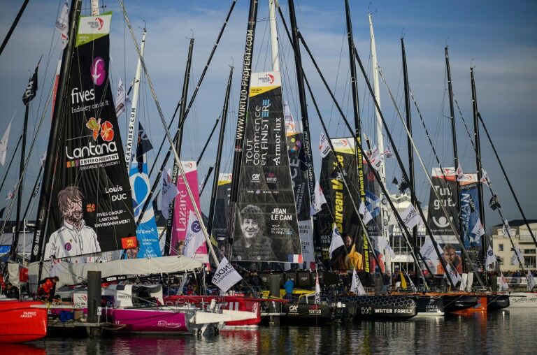 The calm before the storm as the 40 boats line up in Les Sables-d'Olonne ahead of the start on Sunday of the Vendee Globe