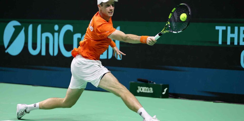 Botic van de Zandschulp in action at the 2024 Davis Cup Final 8.