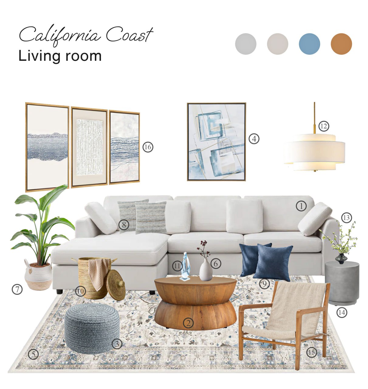 California Coastal Living Room Board with Shopping List