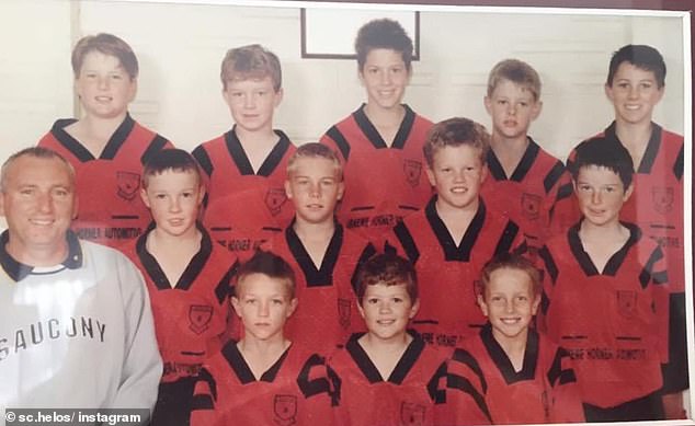 Can you tell which cricket superstar is pictured playing for a soccer team as a kid?