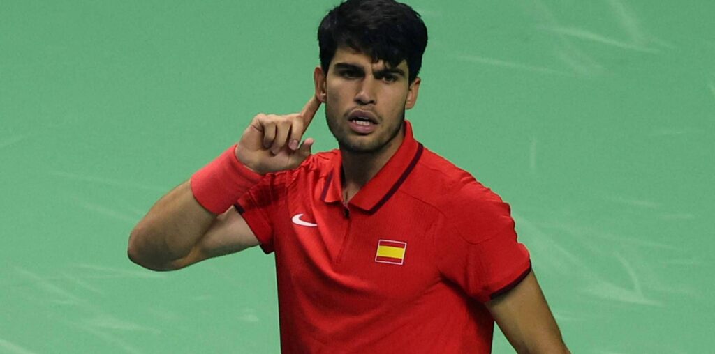 Carlos Alcaraz in action on Tuesday at the Davis Cup Final 8 in Malaga.