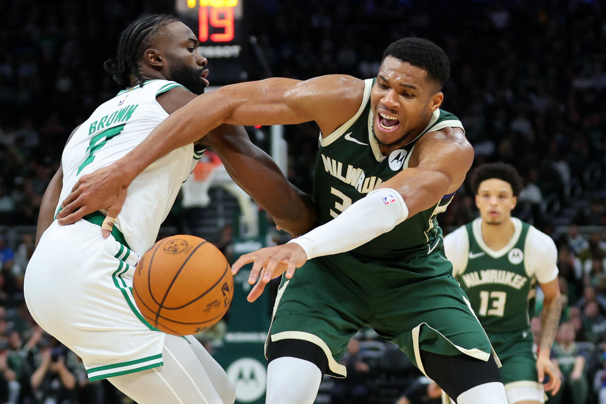 Celtics’ Jaylen Brown calls Giannis Antetokounmpo ‘a child’ after offensive foul and fake handshake