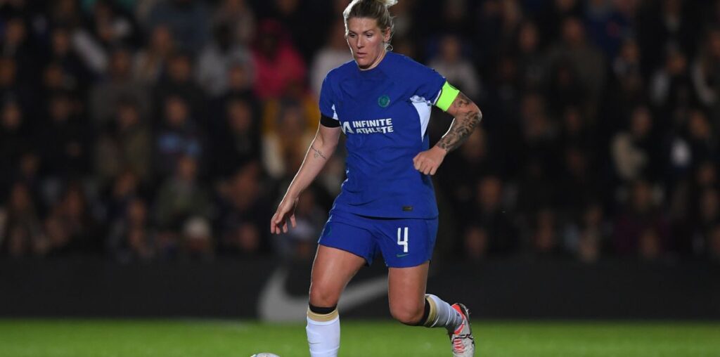 Millie Bright of Chelsea in action during the Barclays Women´s Super League match between Chelsea FC and West Ham United at Kingsmeadow on October 14, 2023 in Kingston upon Thames, England