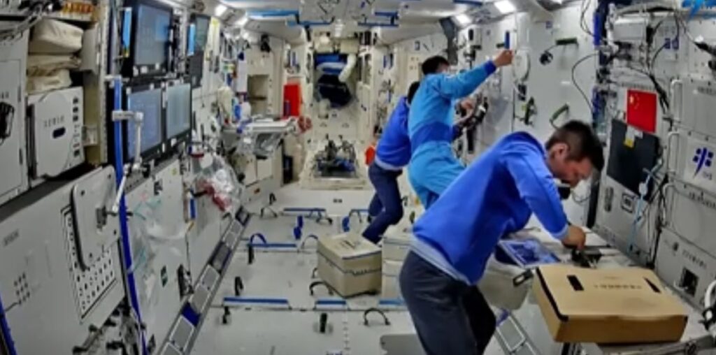 The astronauts of China's Shenzhou 18 mission aboard the Tiangong space station prep for an upcoming spacewalk.