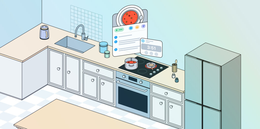 An illustration of a kitchen with teal walls and white cabinets. Two Apple Vision Pro screens float above a stove, on which sits a pot and pan.