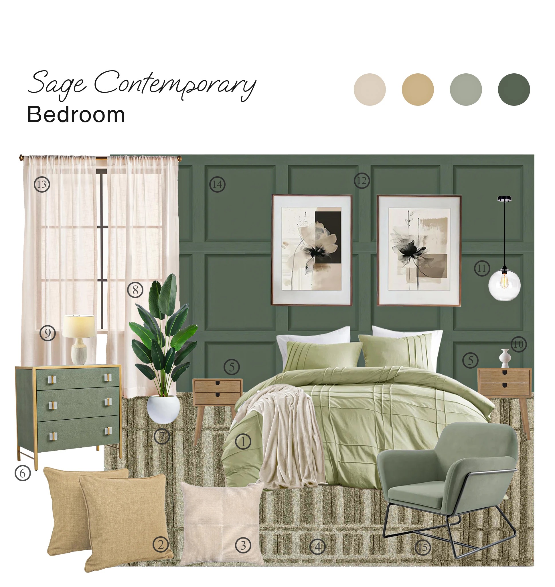 Contemporary Bedroom in Sage – Board with Shopping List