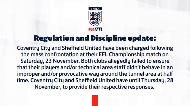 Coventry City And Sheffield United Charged after their match on the 23rd November