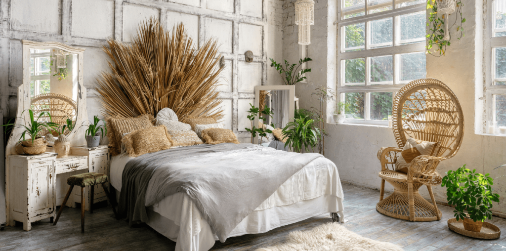 Bohemian-style bedroom with plants.