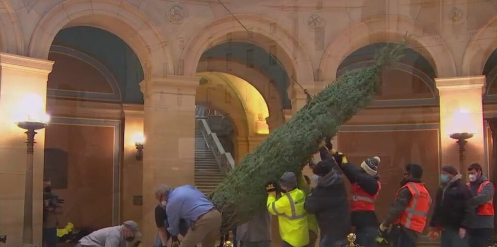 Crews unload MN Capitol Christmas tree