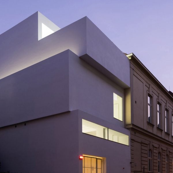 Dílna houses Brno art studios within a stack of white cubes