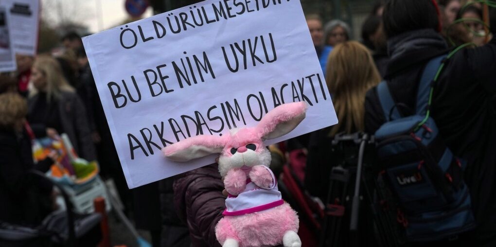 An activist holds a baby toy and a banner with Turkish writing that reads, "If I had not been killed this would have been my sleeping friend" during a protest in Istanbul, Turkiye, Monday Nov, 18, 2024.(AP Photo/Khalil Hamra)