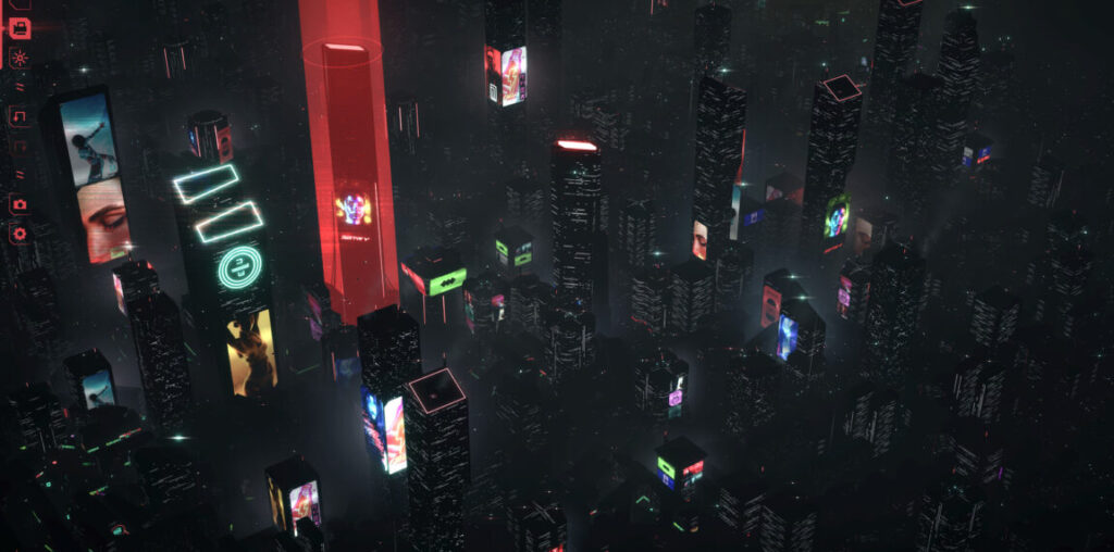 Cityscape at night, with tall buildings ringed in neon, and a red halo shooting up from one building.