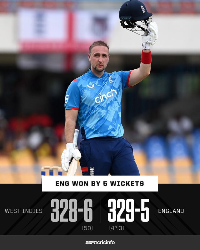 Eng win the 2nd odi against the windies, chasing 328