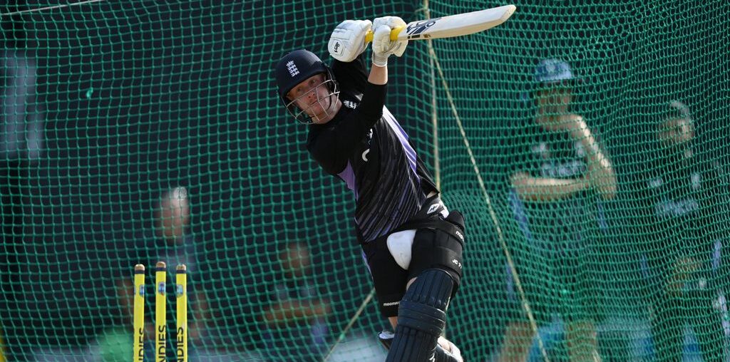 Jordan Cox of England bats during a nets session at Sir Vivian Richards Stadium on October 30, 2024 in Antigua, Antigua and Barbuda