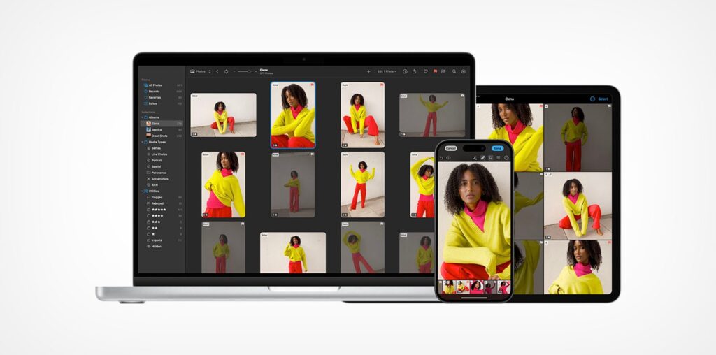 A laptop, tablet, and smartphone display a photo editing application featuring a woman in a yellow sweater and red pants. The devices showcase multiple images of her in various poses on a white background.