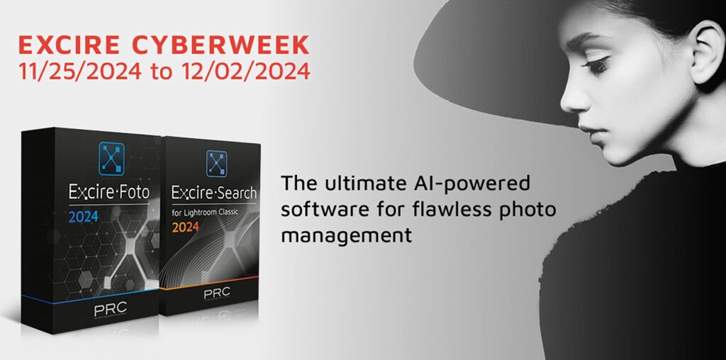 Ad for Excire Cyberweek sale featuring two software boxes, Excire-Foto 2024 and Excire-Search 2024. The text highlights AI-powered photo management, with sale dates from 11/25/2024 to 12/02/2024. A grayscale side profile of a person wearing a hat is shown.