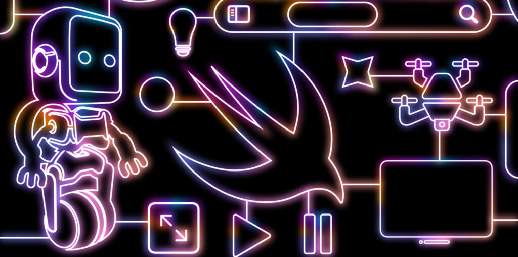 A graphic showing outlines of the Swift logo, a robot on a single wheel, monitors, and other equipment in colorful pink and purple colors against a black background.