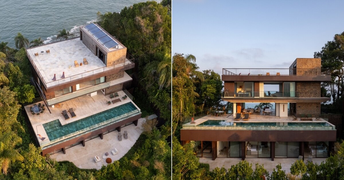 FCstudio’s coastal house stacks steel, glass, & stone layers amid são paulo’s rugged terrain