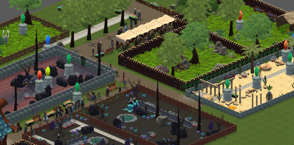 Fantasy Zoo - an array of fenced gardens with varied plants and multicolored candles in it.