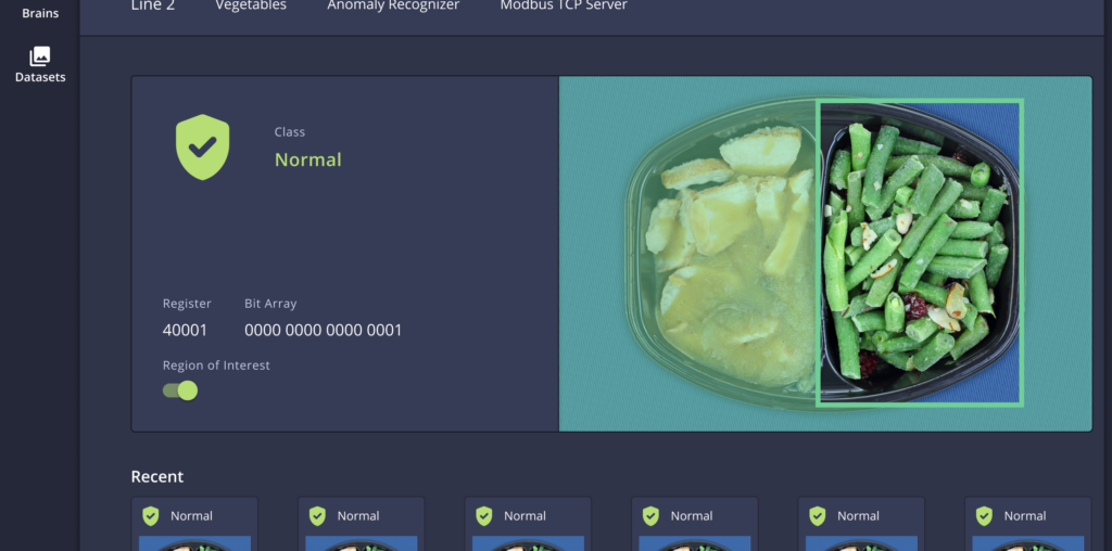 A screenshot of visual inspection software showing a prepared meal, highlighting green beans.