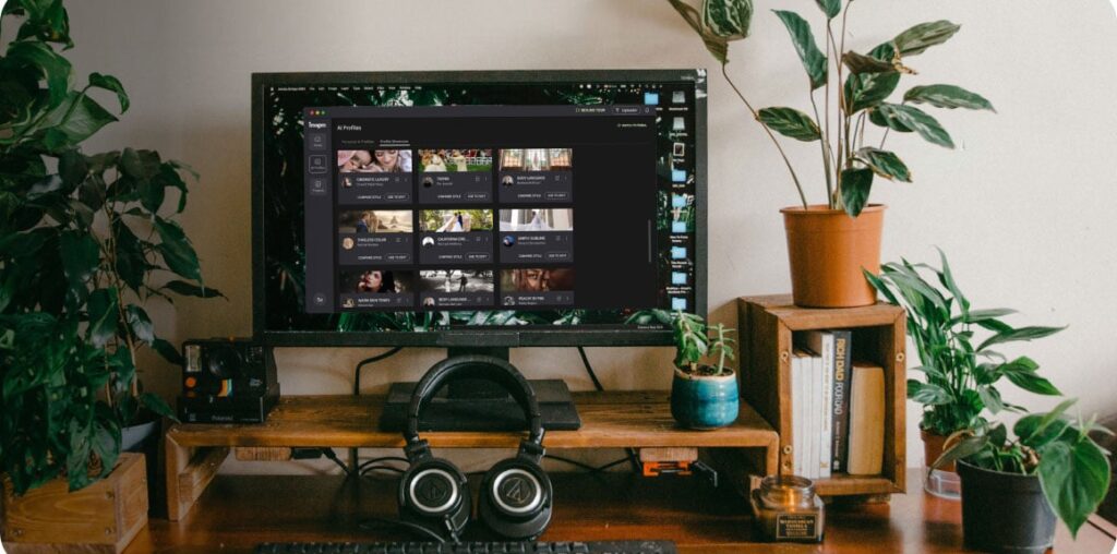 A desktop setup with a monitor displaying a photo editing interface. The desk has potted plants, a keyboard, headphones, books, and a camera. The background features a white wall, creating a clean and organized workspace.