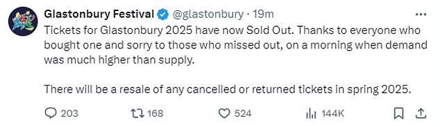 Glastonbury fans blast ‘annual disappointment’ as all 200,000 tickets sell out in 30 MINUTES as new queue system is savaged by punters