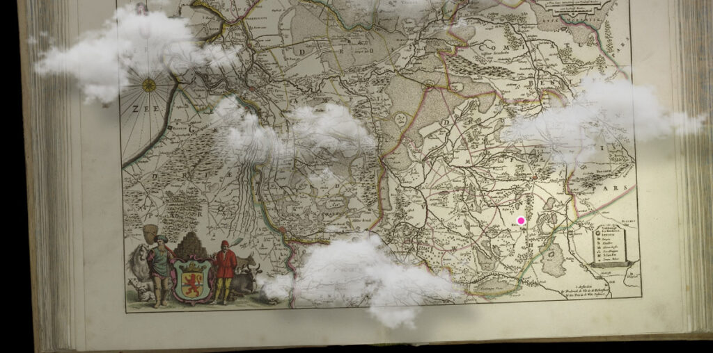 Historical map of The Netherlands overlayed with clouds