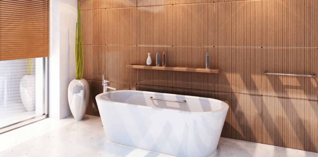 White tub in a wood-finished bathroom.