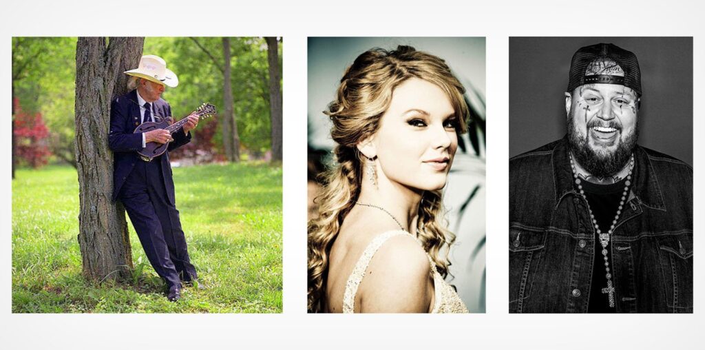 A collage of three images: a person in a cowboy hat playing a mandolin against a tree, a person with long curly hair and a formal outfit, and a person wearing a cap and denim jacket smiling.