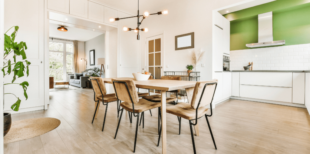 Modern dining room table with natural colors.