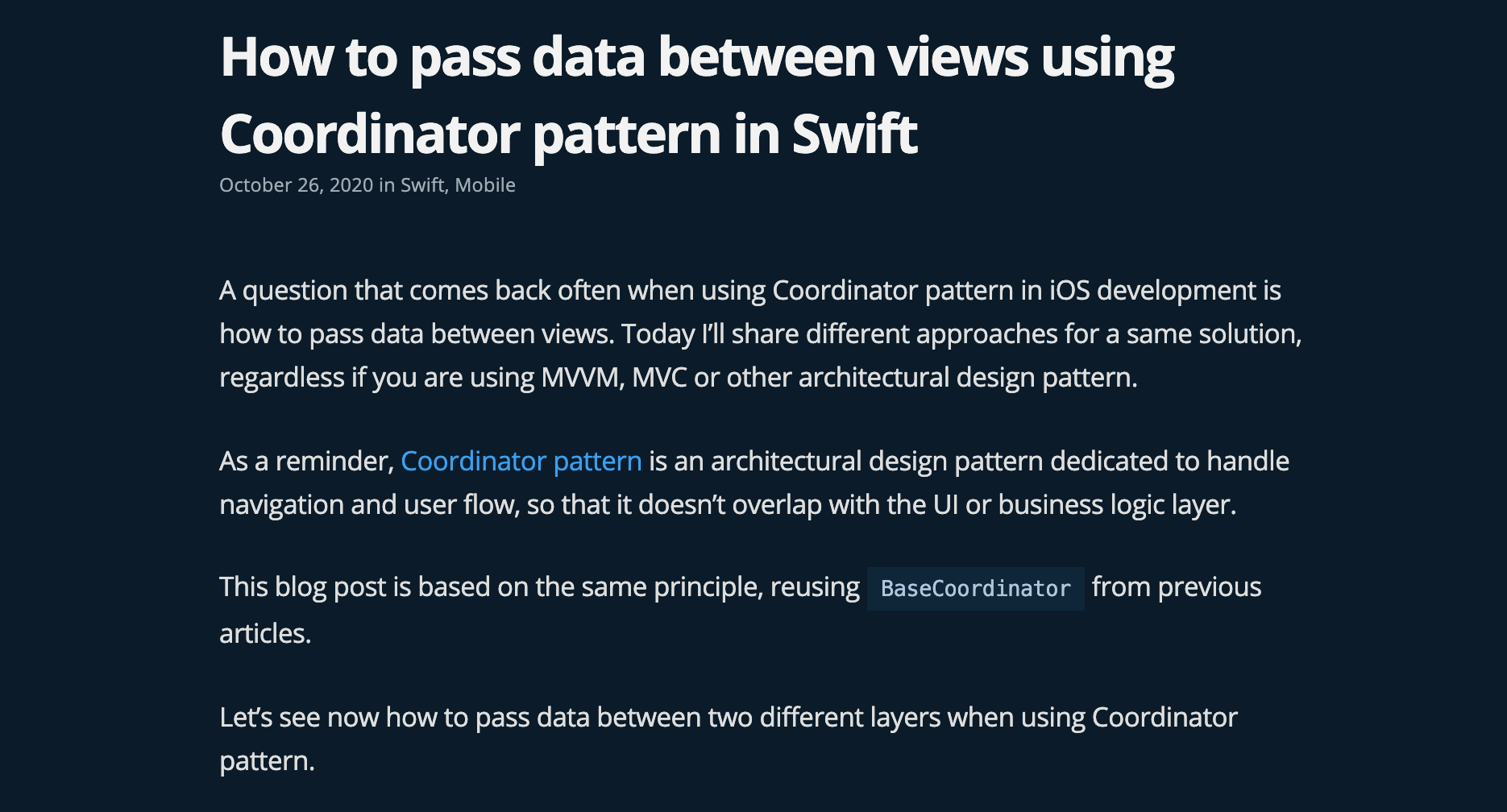 How to pass data between views using Coordinator pattern in Swift