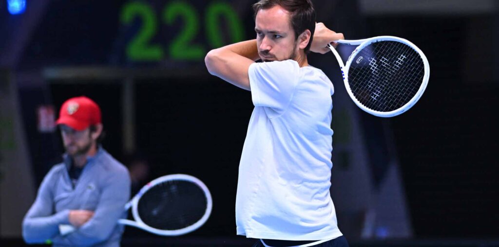 Gilles Cervara watches closely as Daniil Medvedev practises at the Nitto ATP Finals.