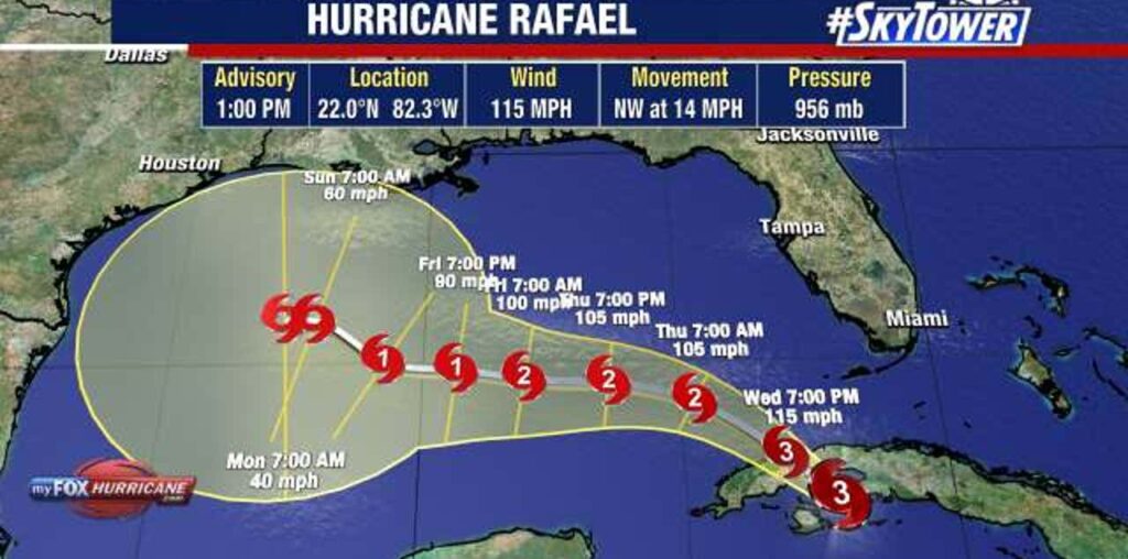 Hurricane Rafael strengthens to major Category 3 storm, Florida Keys under tropical storm warning