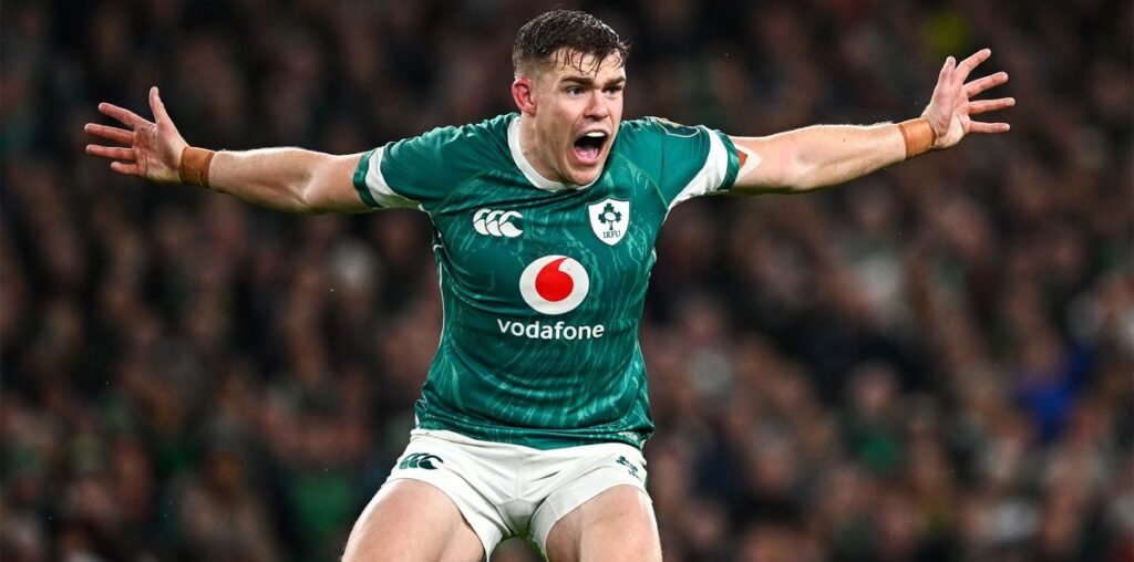 Ireland’s Garry Ringrose remonstrates with arms outstretched during his team's November 2024 match against New Zealand.